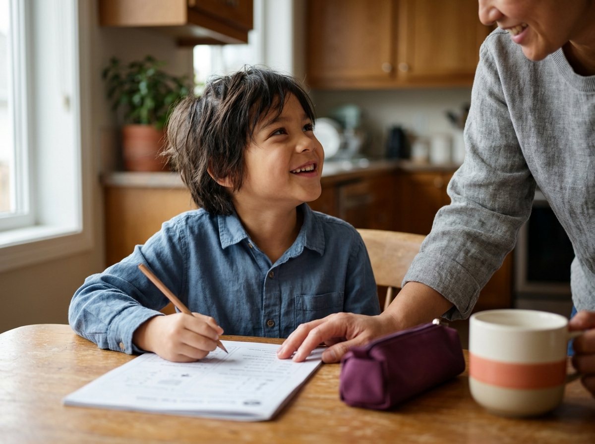Parent supporting smiling student with engaging mathematics problem solving at home